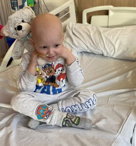 Cancer patient Link Simpson with his Cancer Support UK Warmies bear