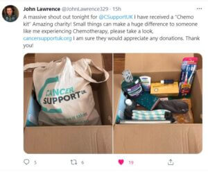 John's tweet about his Chemo Kit