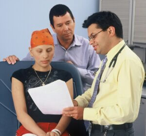 Female cancer patient with doctor and partner