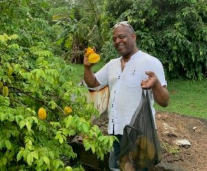 Smiling man picking fruit